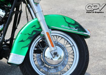 Green Custom Painted Motorcycle with Airbrushed Flames